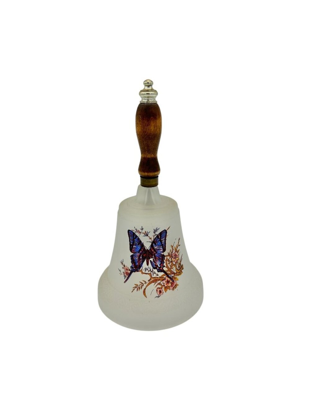 Butterfly Design Frosted Glass Bell With Wooden Handle 8.5"H Decorative Accent